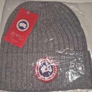 Canada Goose Gray Ribbed Logo Beanie with Red Patch